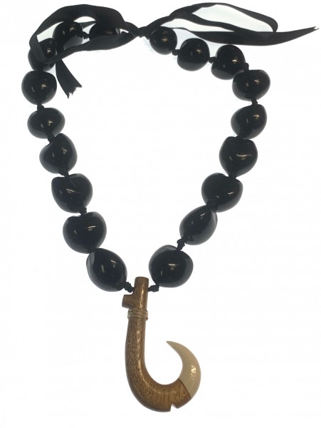 Black Kukui Nut Lei Necklace - Wood/Bone Hook Pendant
