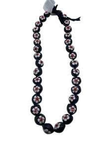 Kukui Nut Lei Necklace - White/Red Hibiscus